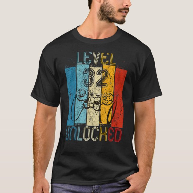 Camiseta Nível 32 Vídeo Gamer 32º Aniversário desbloqueado (Frente)