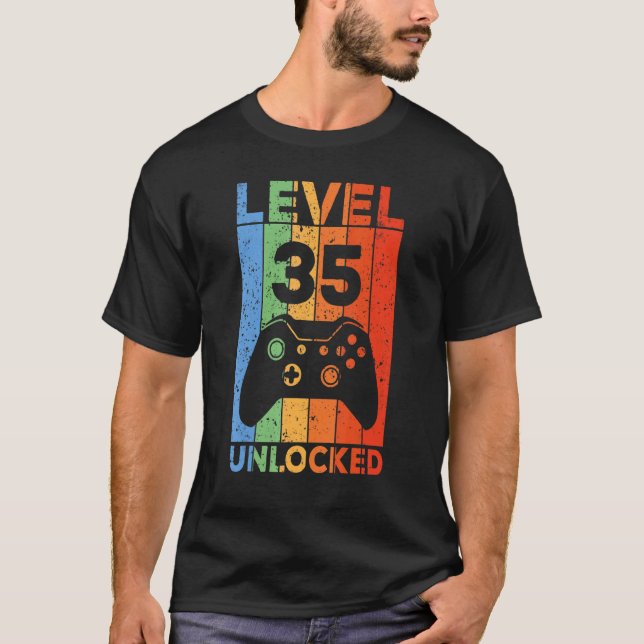 Camiseta Nível 35 Vídeo Gamer 35º Aniversário desbloqueado (Frente)