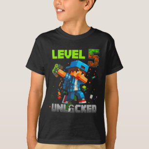 Camiseta Nível 5 Desbloqueado Divertido Menino de Aniversár