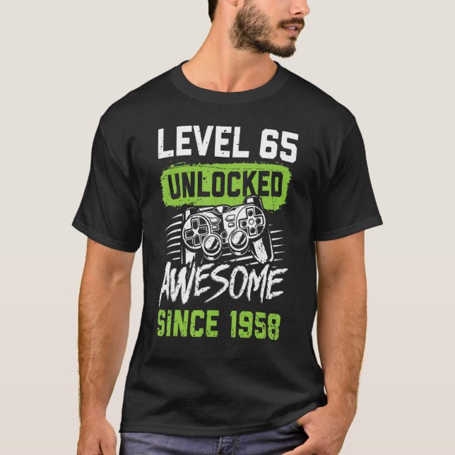 Camiseta Nível 65 Desbloqueado Incrível Desde 1958 Vídeo Ga (Frente)