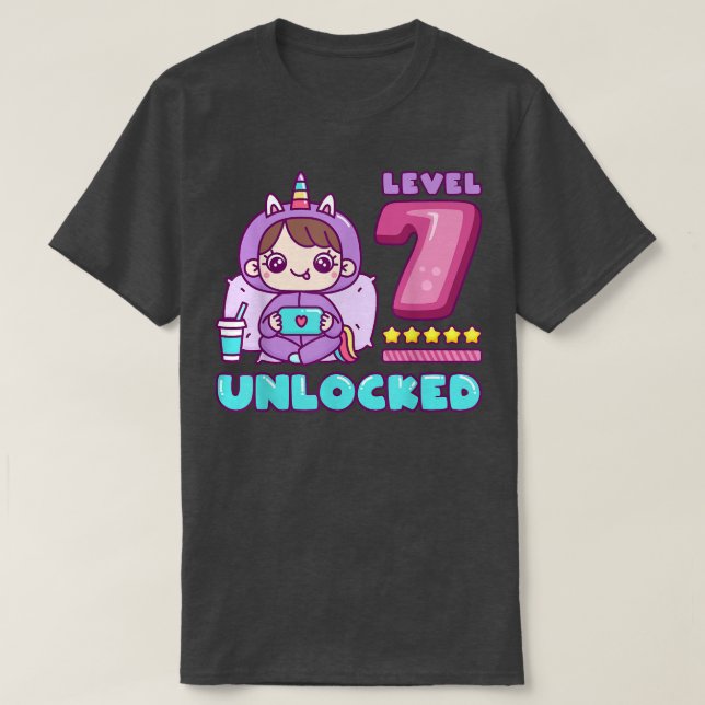 Camiseta Nível 7 desbloqueado, Unicorn Gamer Girl Aniversár (Frente do Design)