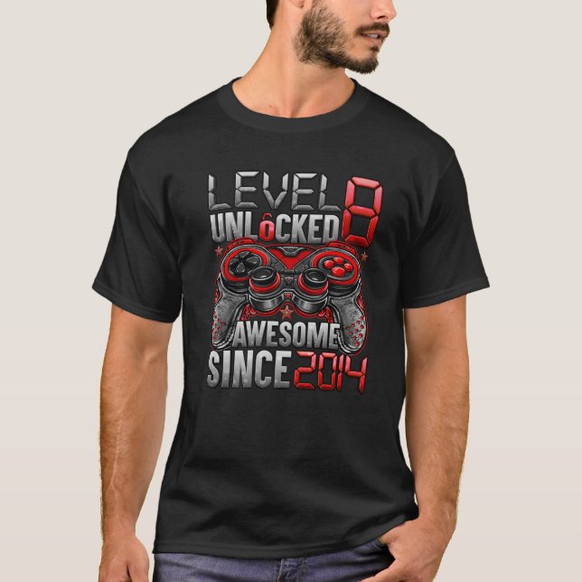 Camiseta Nível 8 Desbloqueado Incrível Desde 2014 8º Aniver (Frente)