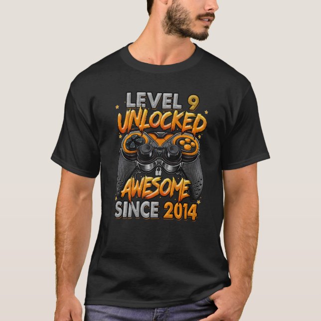 Camiseta Nível 9 Desbloqueado Incrível Desde 2014 9.º Anive (Frente)