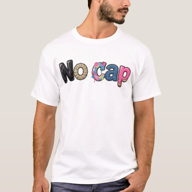 Camiseta "No Cap" Estilo Misto de Couro, Joias de Ouro, Gra (Frente)