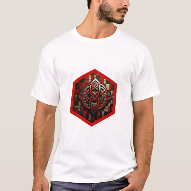 Camiseta Nó Celta Vermelho e Prata Em Uma Moldura Vermelha  (Frente)