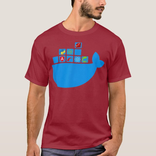 Camiseta Nó de Reação do Docker Js Ruby Rail Python Hackath (Frente)