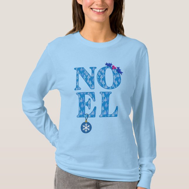 Camiseta NOEL em um padrão de árvore de Natal azul (Frente)