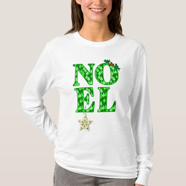 Camiseta NOEL em um padrão verde de árvore de Natal (Frente)
