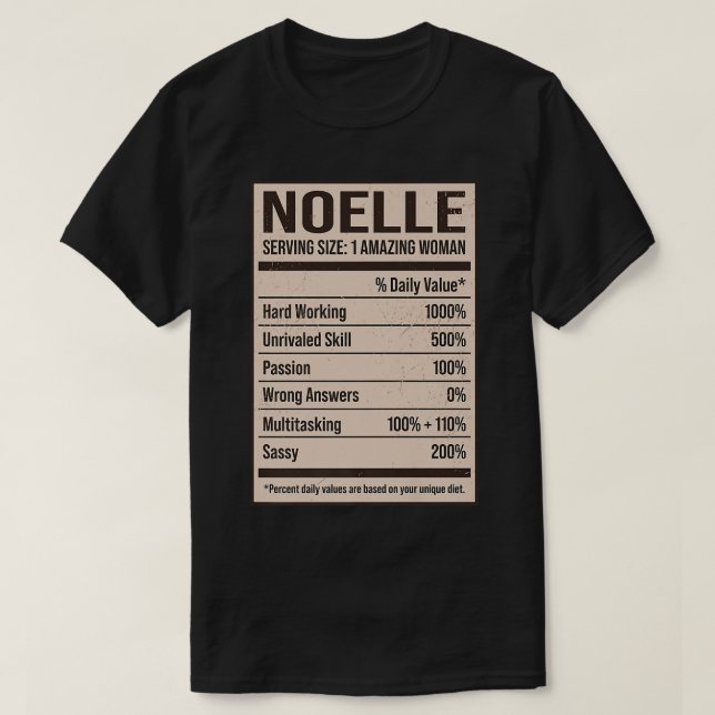 Camiseta Noelle Nutrition Facts Name Apelido Alias Título F (Frente do Design)