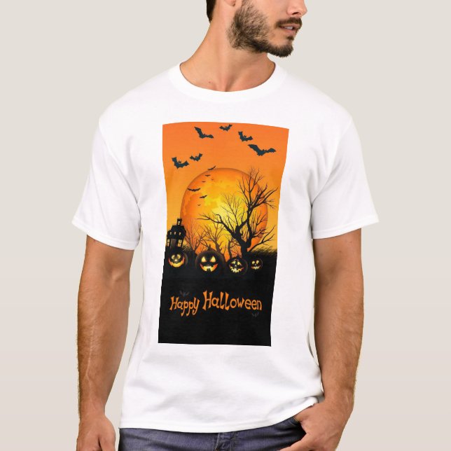 Camiseta Noite Assombrada de Halloween com Lua Cheia, Abóbo (Frente)