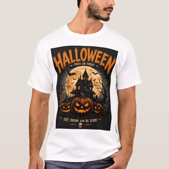 Camiseta Noite Assustadora de Casa Assombrada no Halloween  (Frente)
