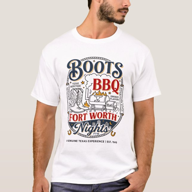 Camiseta Noite de Botas e Churrasco em Fort Worth Texas (Frente)