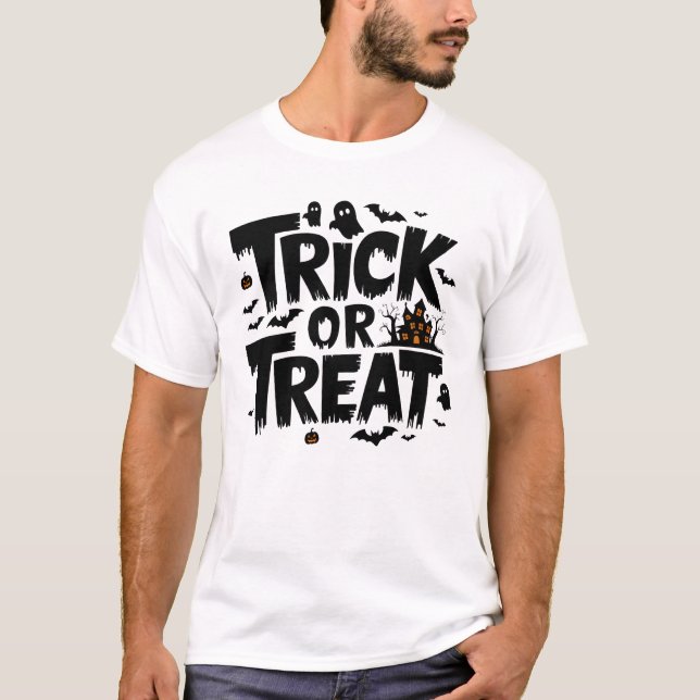 Camiseta Noite de Dia das Bruxas assustadora com truque ou  (Frente)