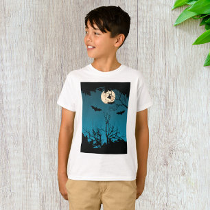 Camiseta Noite de Dia das Bruxas Cheia Lua e Morcegos Voado
