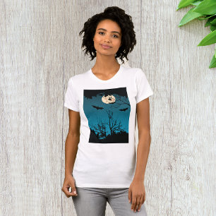 Camiseta Noite de Dia das Bruxas Cheia Lua e Morcegos Voado