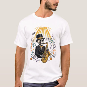 Camiseta Noite de Jazz de Saxofone Esqueleto Arte de Hallow