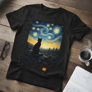Camiseta Noite Estrelada dos Homens  Gato Preto e Céu Girat