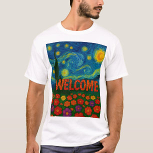 Camiseta Noite Estrelada Floral Bem-vindo Desenho Artístico