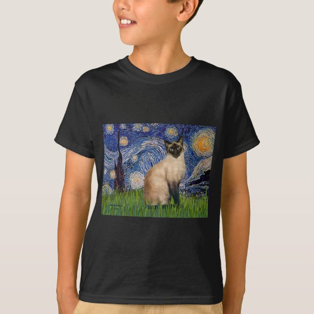 Camiseta Noite Estrelada - gato Siamês de pontas seladas (Frente)