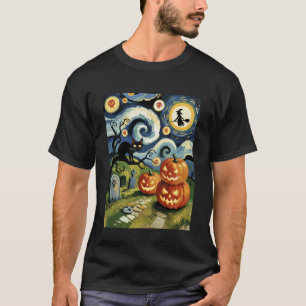 Camiseta Noite Estrelada Halloween Gato Preto Roupa Diverti