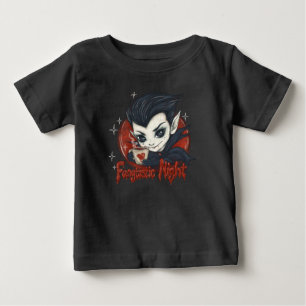 Camiseta Noite fantástica. Vampiro bonito com uma xícara de