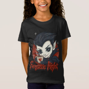 Camiseta Noite fantástica. Vampiro bonito com uma xícara de