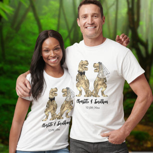 Camiseta Noiva e Noivo T-Rex Engraçados Casamento de Dinoss