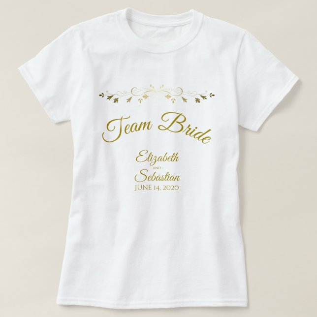 Camiseta Noiva Equipe Elegante Simples Flores de Ouro Casam (Frente do Design)