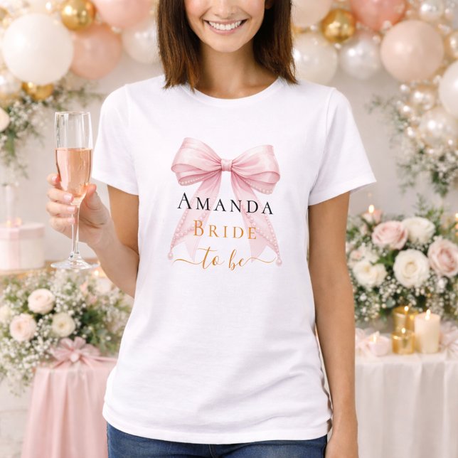Camiseta Noiva futura laço rosa pérolas elegante despedida  (Criador carregado)