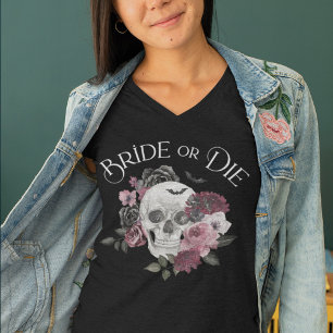 Camiseta Noiva ou Morra Floral Skull Chic Bando de Noiva Gó