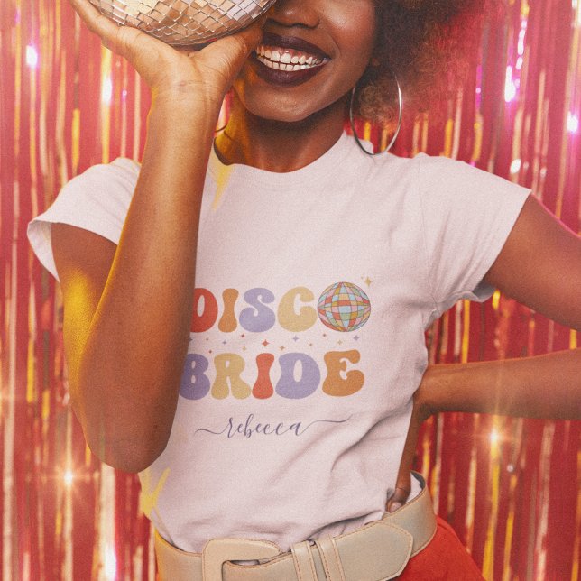 Camiseta Noiva Retro Disco & Nome Festa de Solteira 70s (Criador carregado)