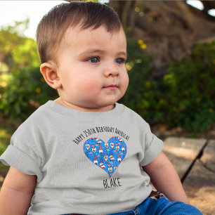 Camiseta Nome, 4 de Julho Gnomos Coração Azul 3m a 24m