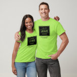 Camiseta Nome comercial e marca de logotipo do Verde limão<br><div class="desc">A camisa de verde limão vibrante personalizada apresenta o design do logotipo profissional da sua empresa, juntamente com o texto do seu nome comercial, slogan, site, localização ou outras informações que podem ser personalizadas. Basta adicionar o logotipo da sua empresa ao espaço de imagem preto redondo e preencher com o...</div>