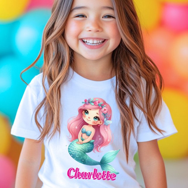 Camiseta Nome cor-de-rosa personalizado da sereia (Criador carregado)