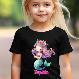 Camiseta Nome cor-de-rosa personalizado da sereia