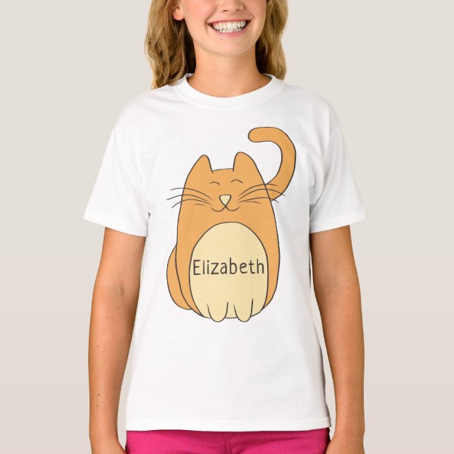 Camiseta Nome da Adição de Gato de Cartoon de Corte| Beige (Frente)