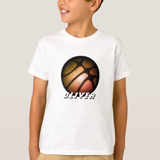 Camiseta Nome da Bola de Basquete Laranja Negro Metálico (Frente)