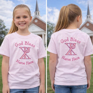 Camiseta Nome da Cruz Cristã Rosa Chi Ro Deus Abençoe as Me
