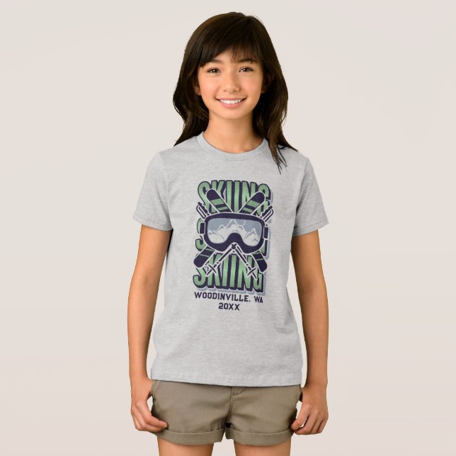 Camiseta Nome da Data da Localização de Esqui Personalizado (Frente Completa)