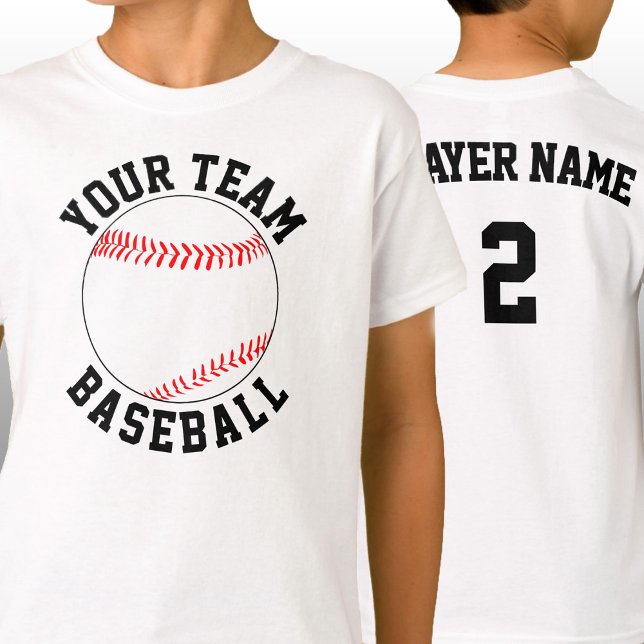 Camiseta Nome da Equipe de Baseball Personalizada, Número d (Custom baseball team shirts with personalized team name, player name and player jersey number.)