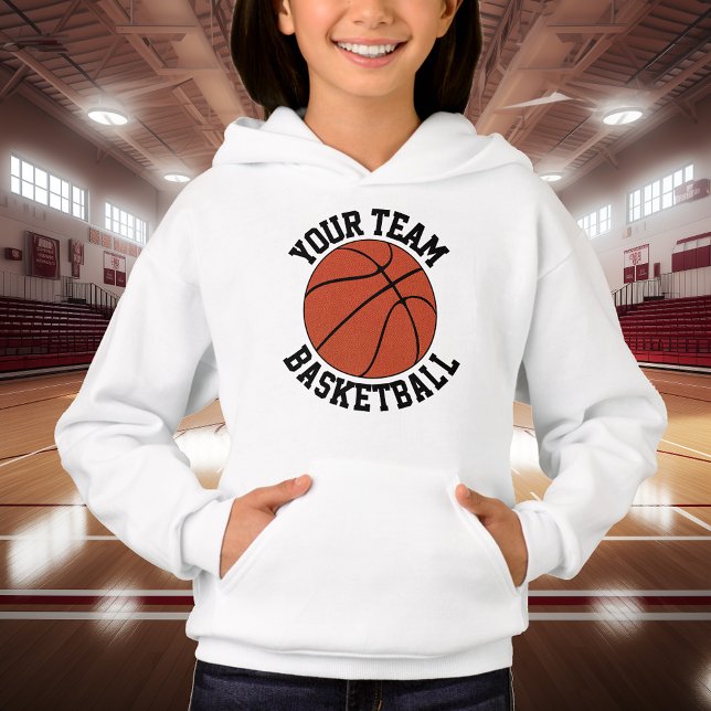 Camiseta Nome da Equipe de Basquete Personalizada, Nome do  (Girls custom basketball hoodie with personalized team name, player name and jersey number.)