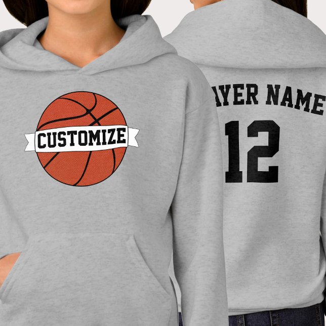 Camiseta Nome da Equipe de Basquete Personalizada, Nome do  (Custom basketball team hoodie with personalized team name, player name and jersey number.)