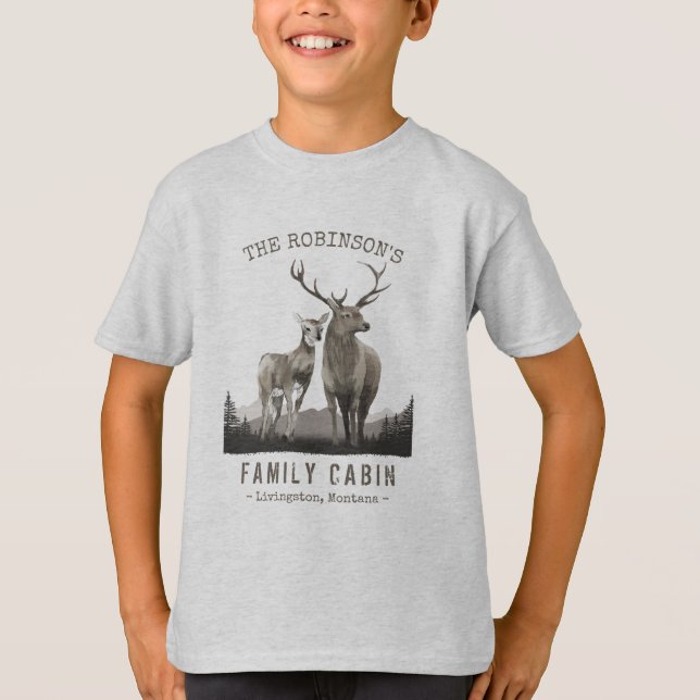 Camiseta Nome da família Cabina Cinza da floresta do pinhei (Frente)