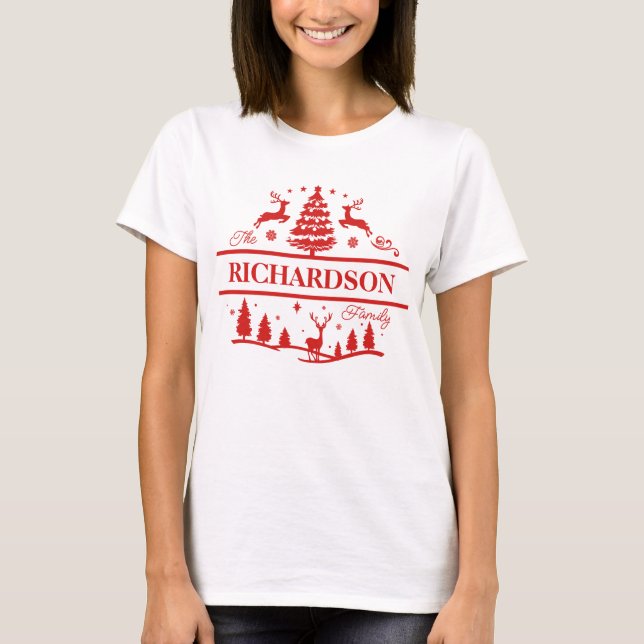 Camiseta Nome da Família Red Christmas | Monograma de nome  (Frente)