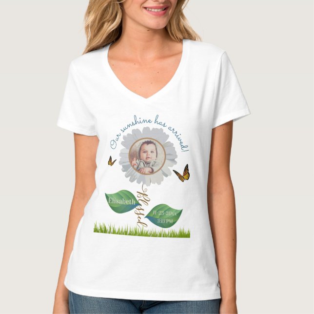 Camiseta Nome da foto do bebê data hora do nascimento anúnc (Frente)
