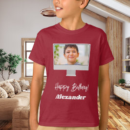 Camiseta Nome da foto menino de aniversário vermelho