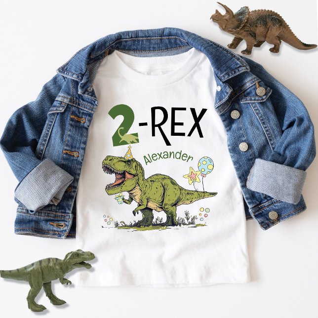 Camiseta Nome da Parte do Tema do Dinossauro Cudo Dinossaur (Cute 2-Rex cartoon dinosaur theme second birthday party t-shirt with kids name, T-Rex Dino, Two)