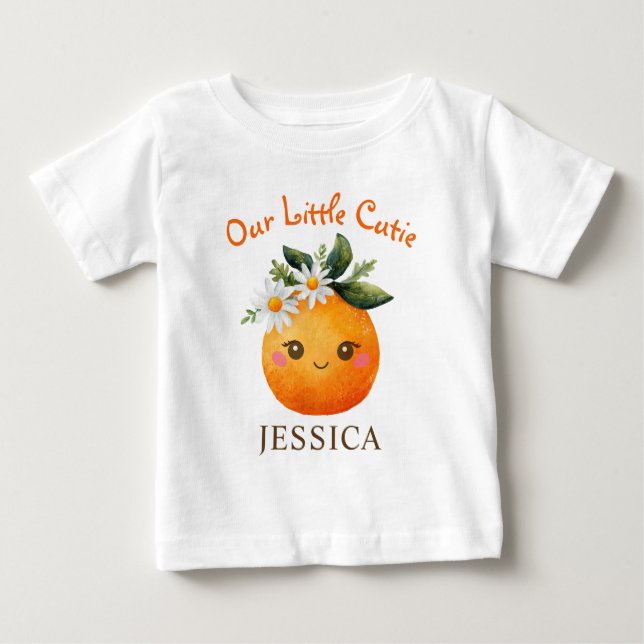 Camiseta Nome de Bebê Fruta Laranja Aquarela Little Cutie (Frente)
