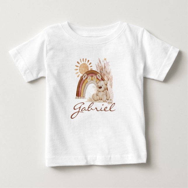 Camiseta Nome de bebê personalizado Boho Teddy Bear Rainbow (Frente)