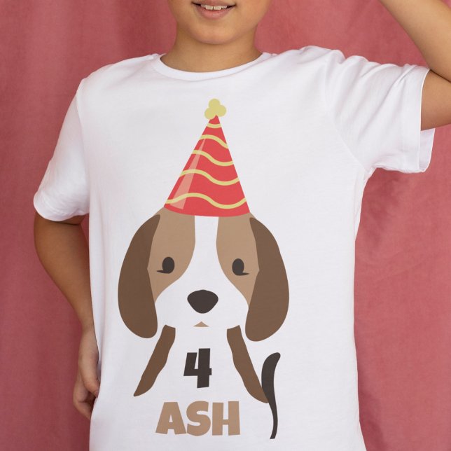 Camiseta Nome de cachorro fofo para crianças & Idade de Ani (birthday t-shirt with age and name puppy dog with party hat )